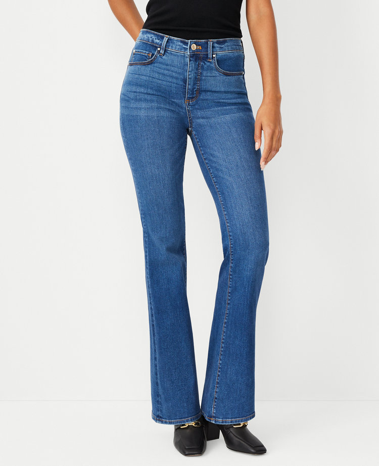 Petite High Rise Palazzo Jeans in Mid Indigo Wash