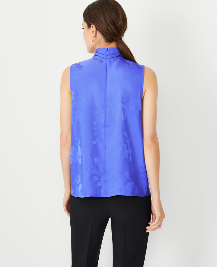 Floral Jacquard Shoulder Button Tie Mock Neck Shell