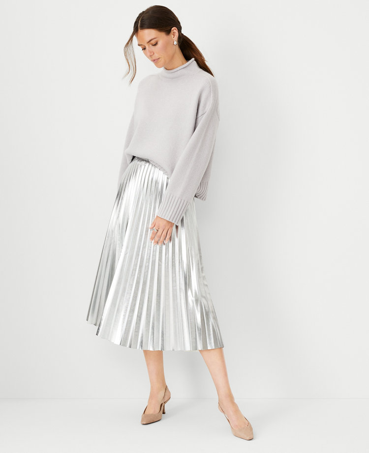 Petite silver 2025 pleated midi skirt