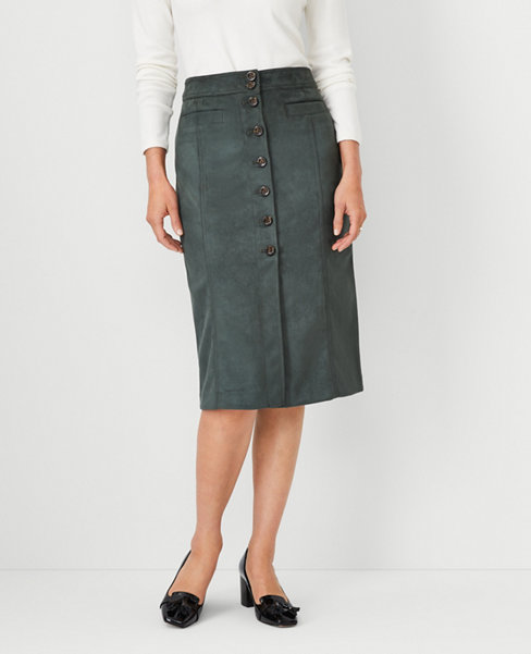 Faux Suede Seamed Button Midi Skirt