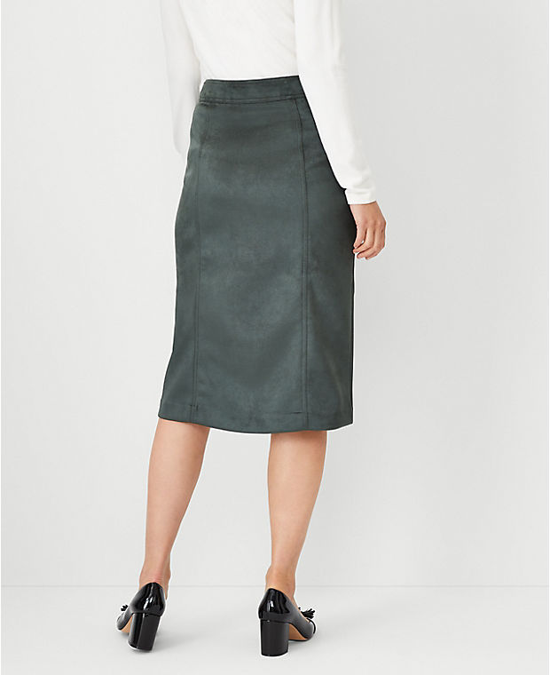 Faux Suede Seamed Button Midi Skirt