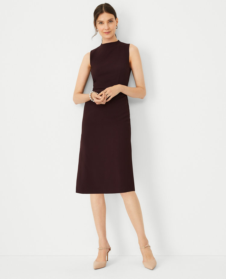 The Mock Neck Side Slit Sheath Dress in Fluid Crepe