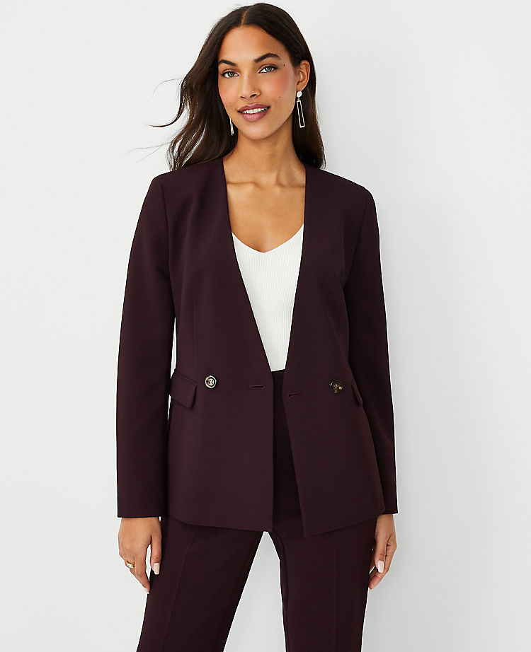 The Collarless Double Breasted Blazer in Fluid Crepe