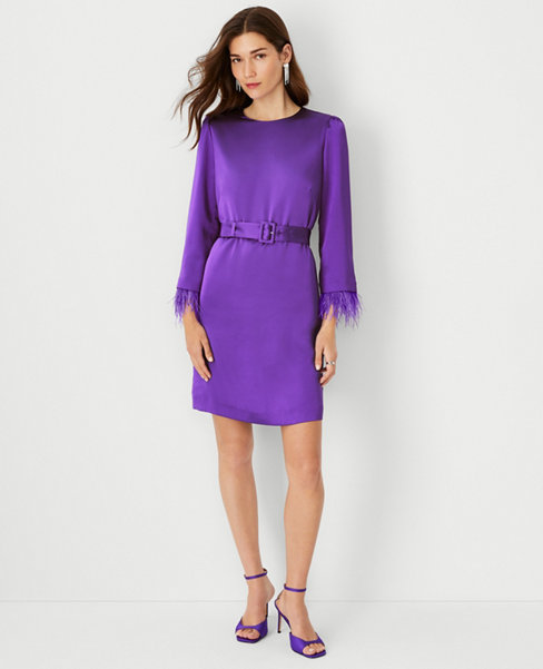 Feather Cuff Belted Shift Dress