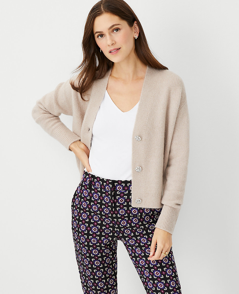Jeweled Button Cropped V-Neck Cardigan
