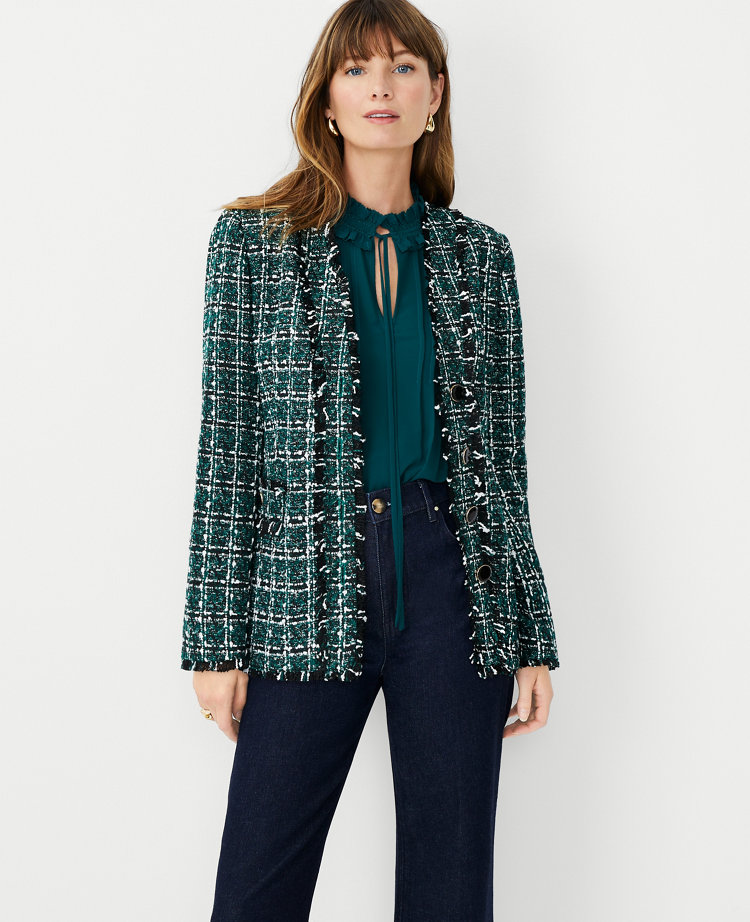 Ann Taylor Shimmer Tweed V-Neck Cardigan Jacket Size 0 Green Multi Women's