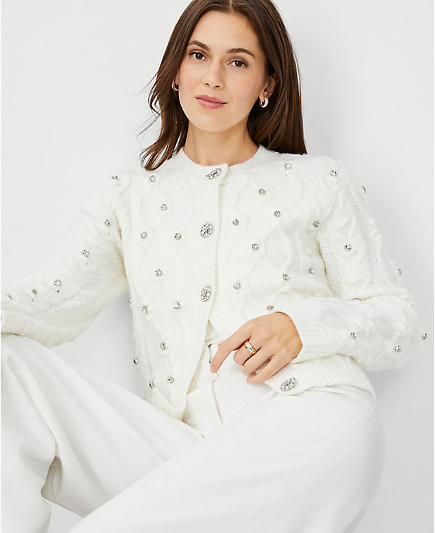 Embellished Relaxed Cable Sweater Jacket