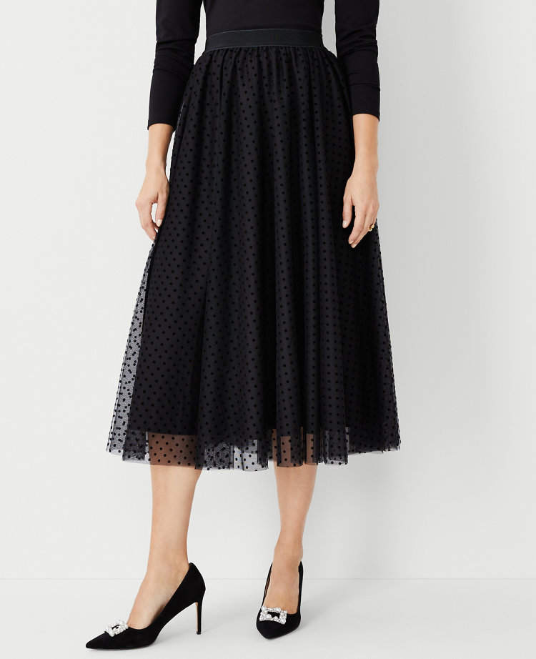 Flocked Dot Tulle Midi Skirt