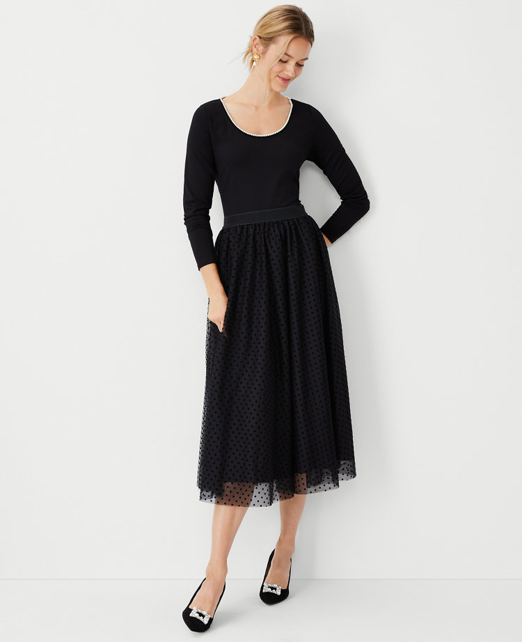 Flocked Dot Tulle Midi Skirt