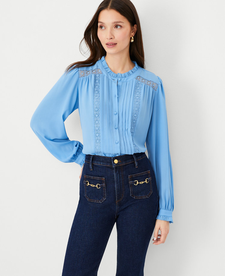 Lace Pintucked Ruffle Neck Shirt