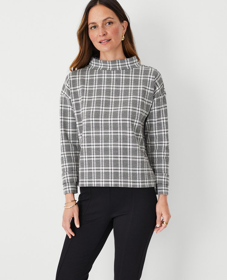 Petite Plaid Button Tab Mock Neck Top