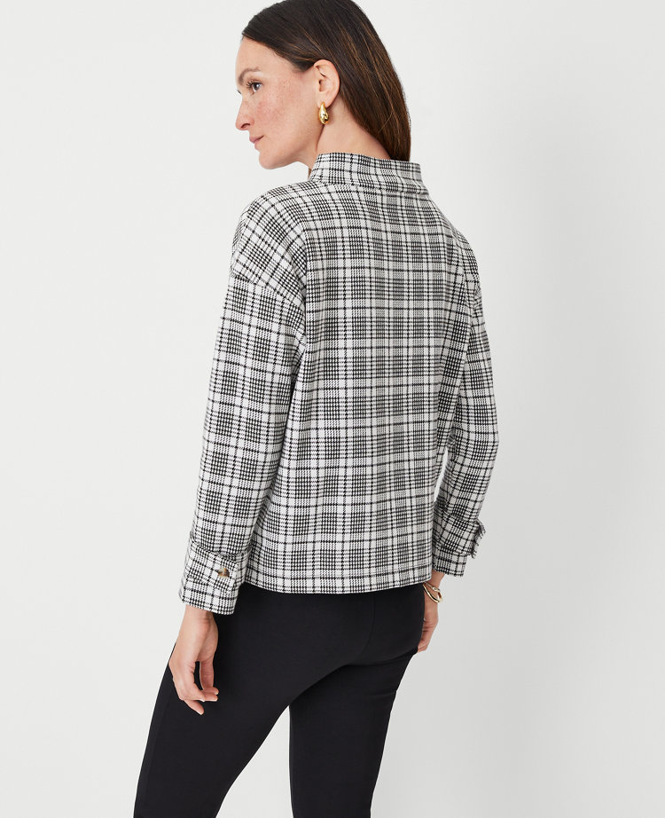 Petite Plaid Button Tab Mock Neck Top