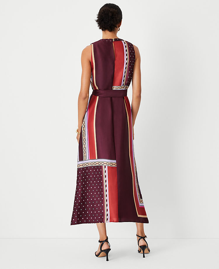 Petite Mixed Print Mock Neck Belted Flare Dress