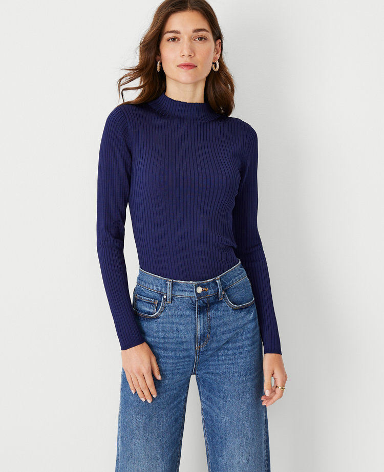 Silky Ribbed Mock Neck Sweater