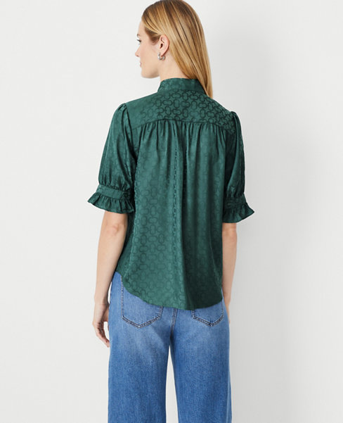 Link Jacquard Puff Sleeve Tie Neck Button Top