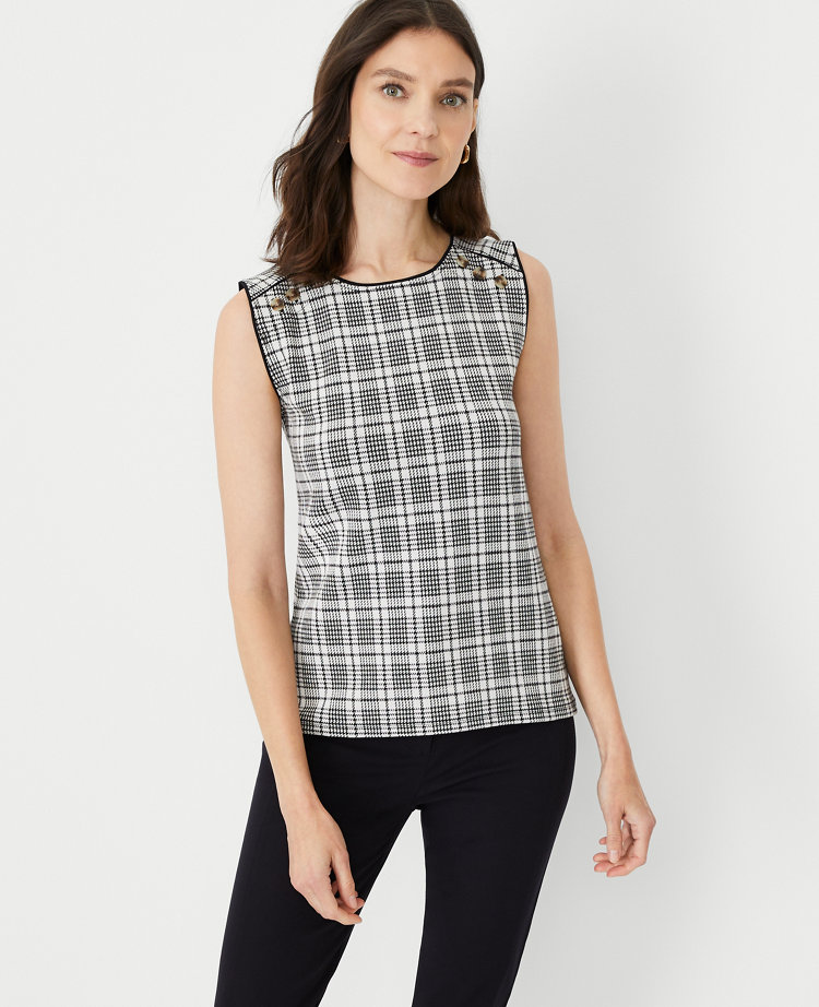 Petite Plaid Sleeveless Shoulder Button Top