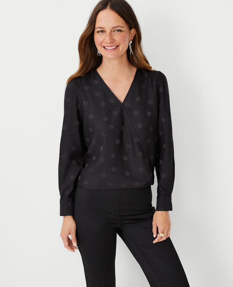 Ann Taylor Dotted Wrap Popover Top Blouse Size 2XS Black Women's