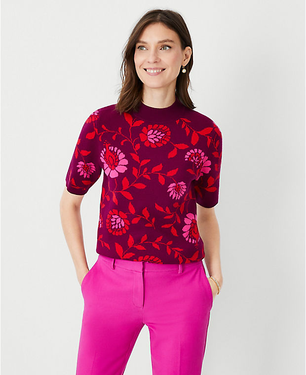 Floral Jacquard Turtleneck Elbow Sleeve Sweater