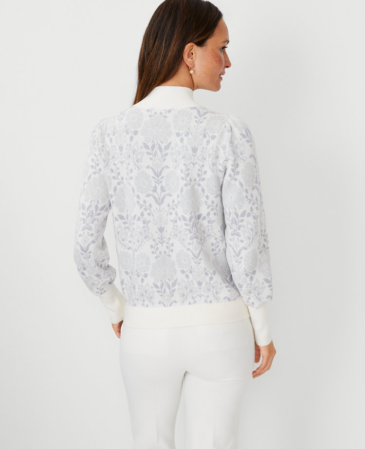 Ann Taylor Floral Jacquard Puff Sleeve Sweater Winter White Women's