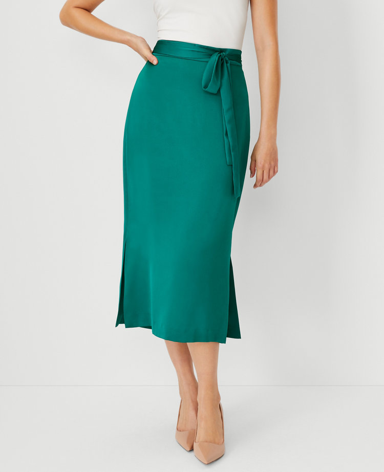 Tie Waist Side Slit Midi Skirt