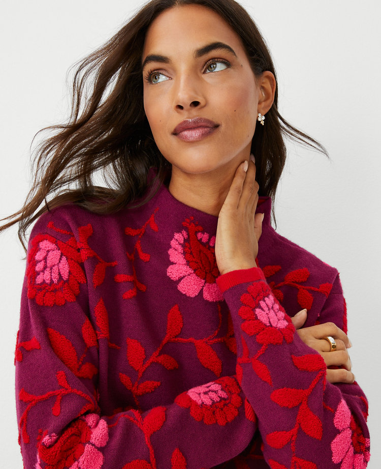 Petite Floral Jacquard Mock Neck Sweater