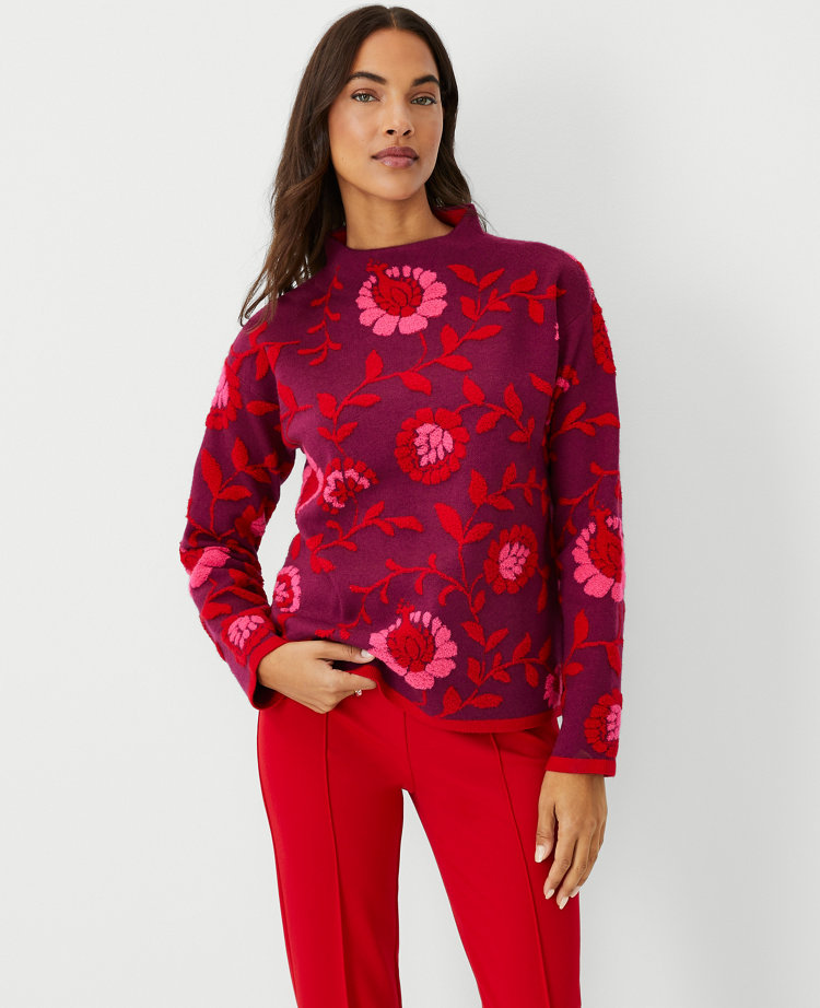 Petite Floral Jacquard Mock Neck Sweater