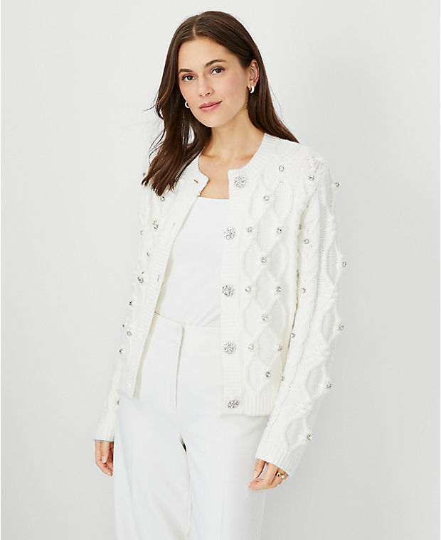 Petite Embellished Relaxed Cable Sweater Jacket