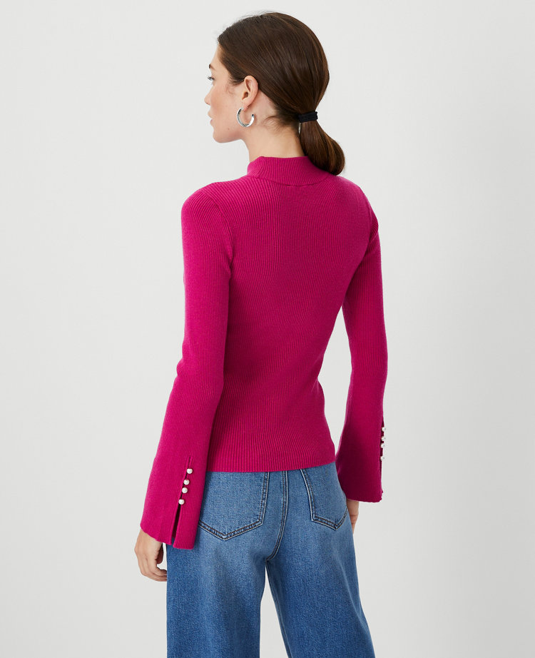 Pearlized Button Cuff Ribbed Sweater