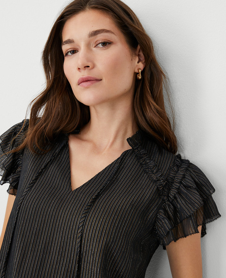 Petite Metallic Stripe Ruffle V-Neck Top