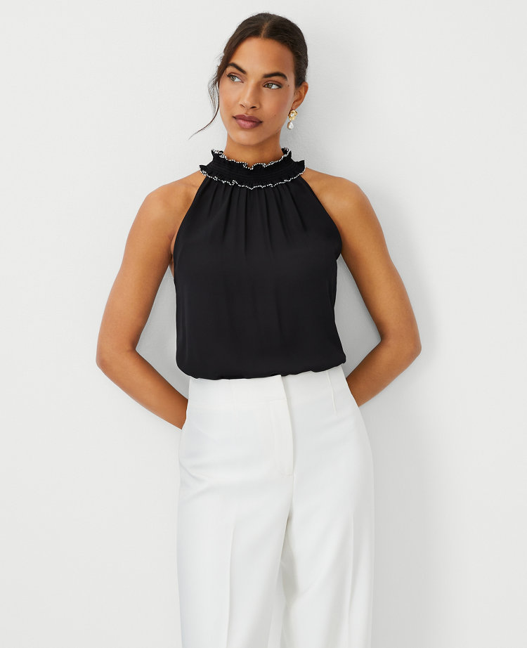 Pearlized Mixed Media Ruffle Halter Shell