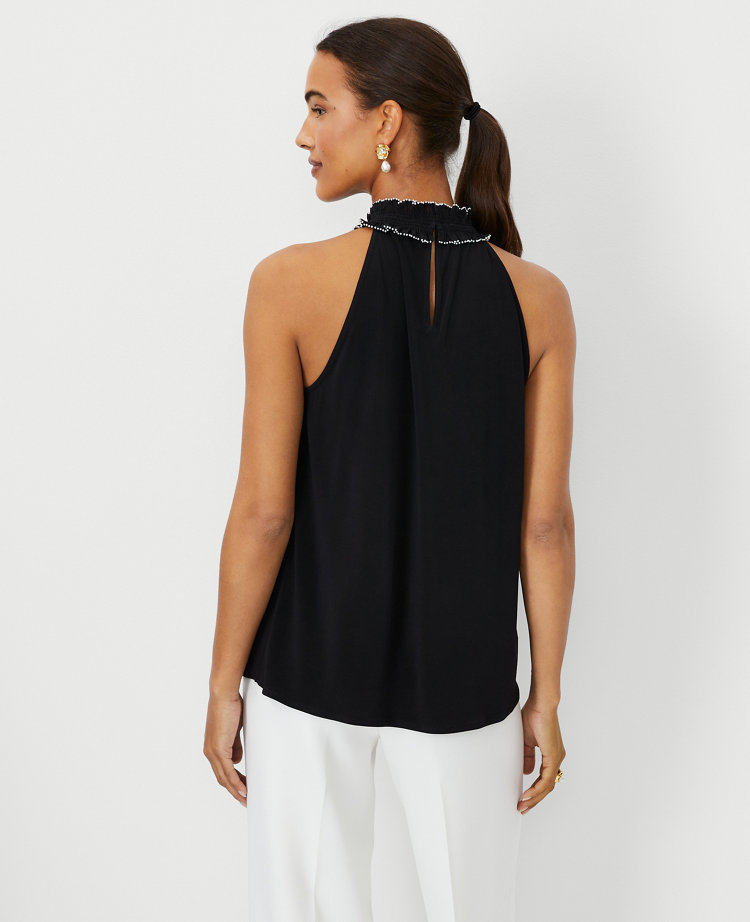 Pearlized Mixed Media Ruffle Halter Shell