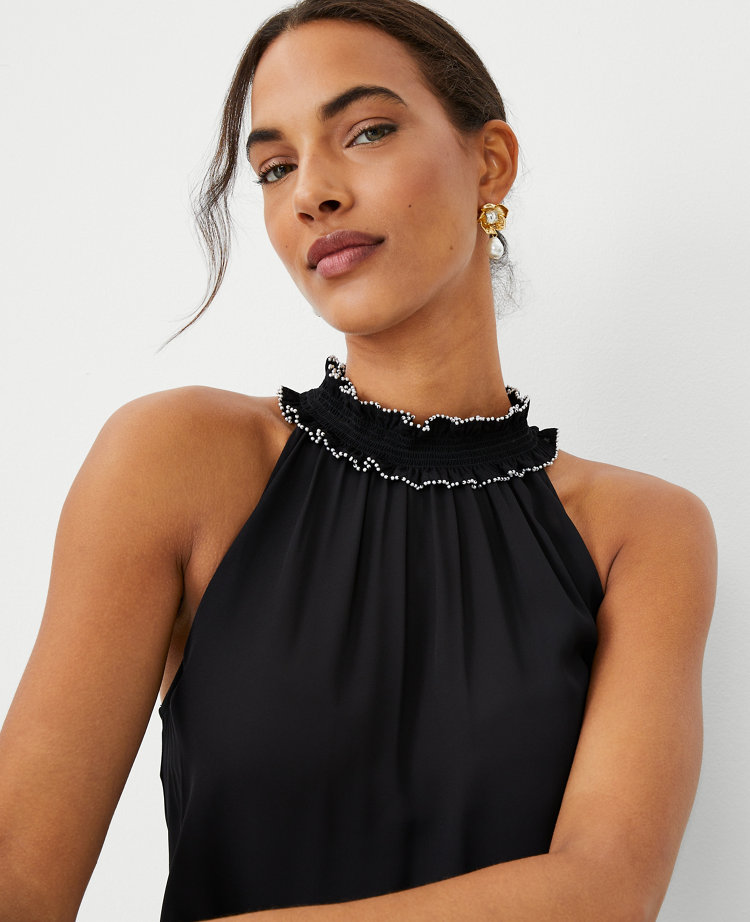 Pearlized Mixed Media Ruffle Halter Shell