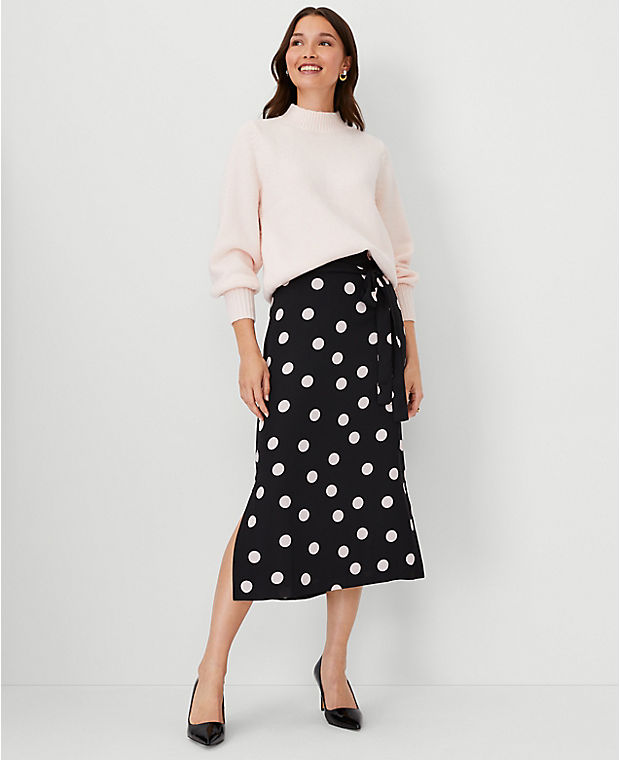 Dotted Tie Waist Side Slit Midi Skirt