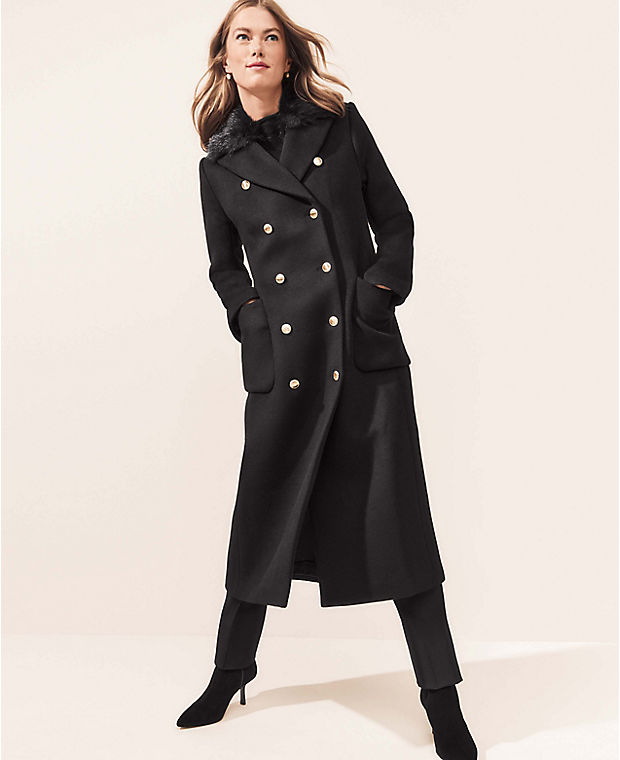Faux Fur Collar Wool Blend Tailored Chesterfield Coat