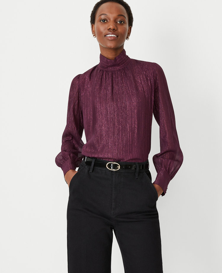 Petite Metallic Pintucked Mock Neck Popover