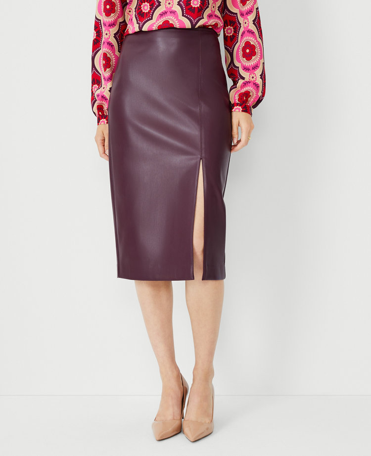 Petite Faux Leather Front Slit Pencil Skirt