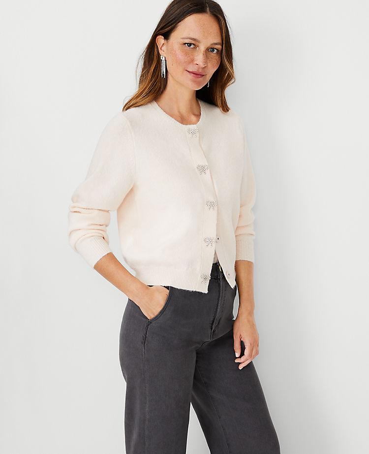 Petite Crystal Bow Front Crew Neck Cardigan