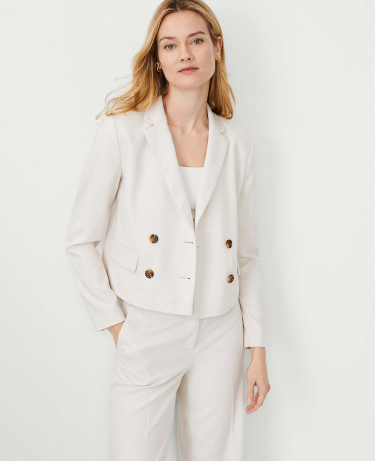 Ann Taylor The Cropped Double Breasted Blazer Textured Stretch Bleached Almond Women's