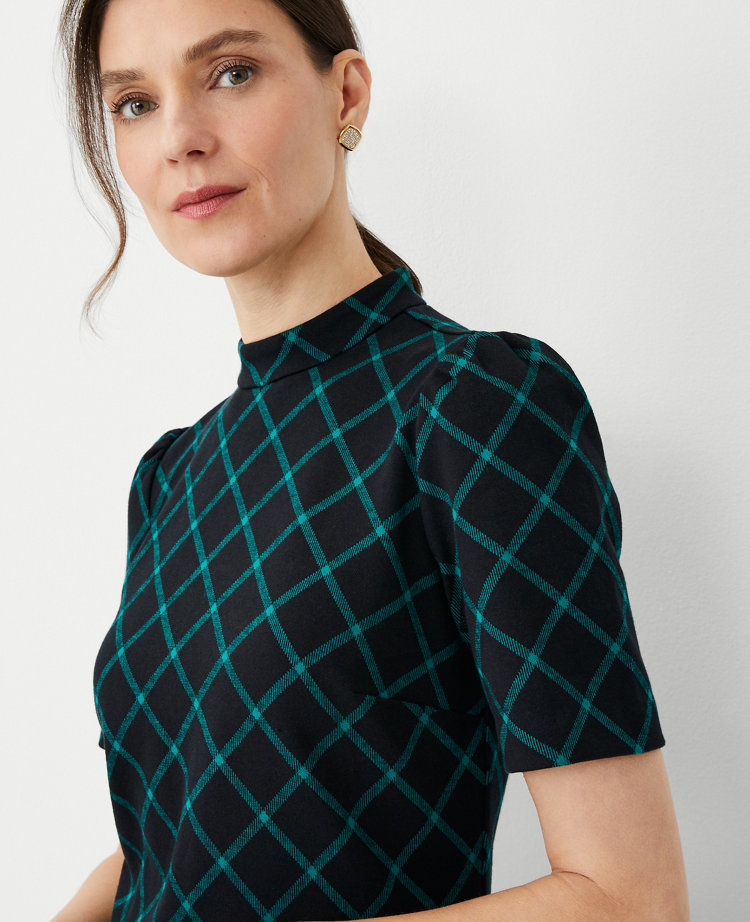 Windowpane Mock Neck Shift Dress