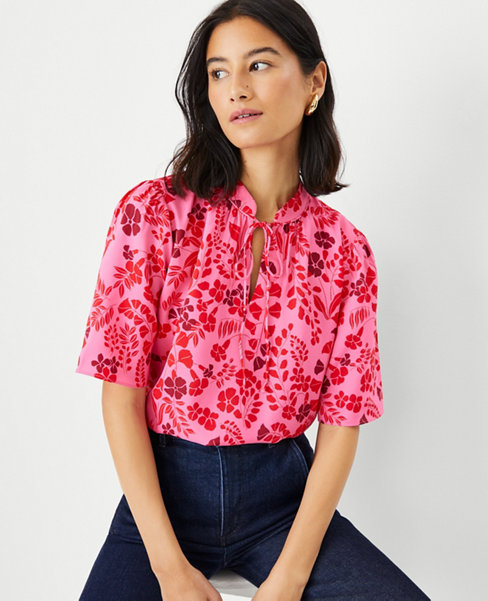 Floral Stand Collar Tie Neck Top