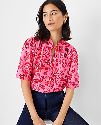 Ann Taylor Floral Stand Collar Tie Neck Top