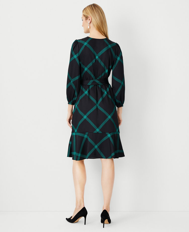 Windowpane Slit Neck Flare Dress