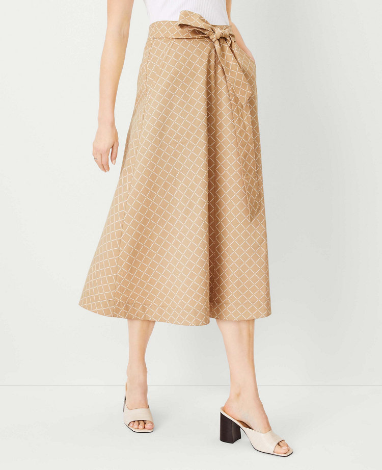 Checked Tie Waist Seamed Full Midi Skirt