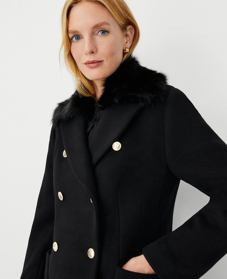 Petite Studio Collection Faux Fur Collar Wool Blend Chesterfield Coat