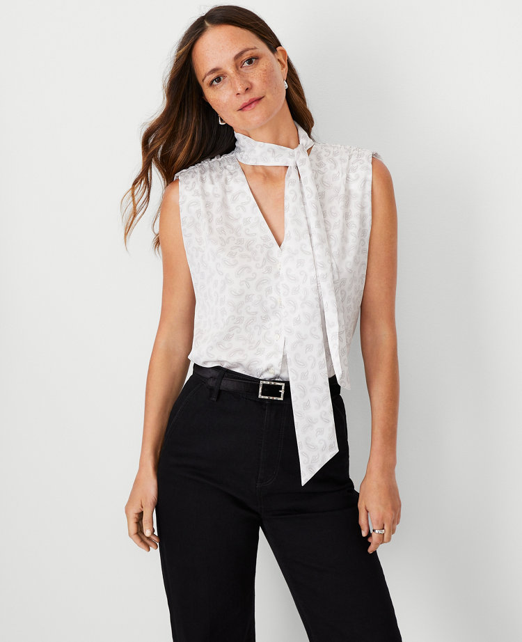 Petite Paisley Shirred Shoulder Tie Neck Top