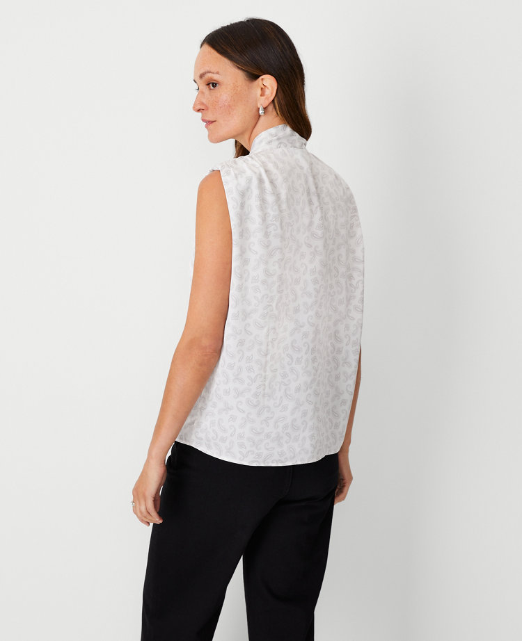 Petite Paisley Shirred Shoulder Tie Neck Top