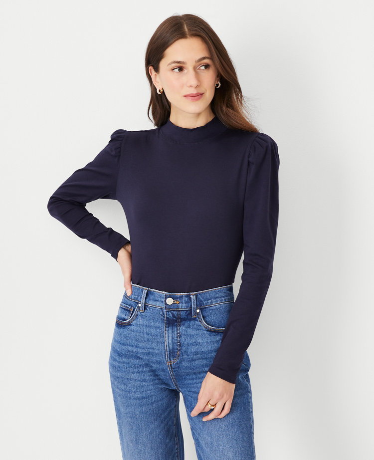 Navy Blue Full Sleeves Mock Neck