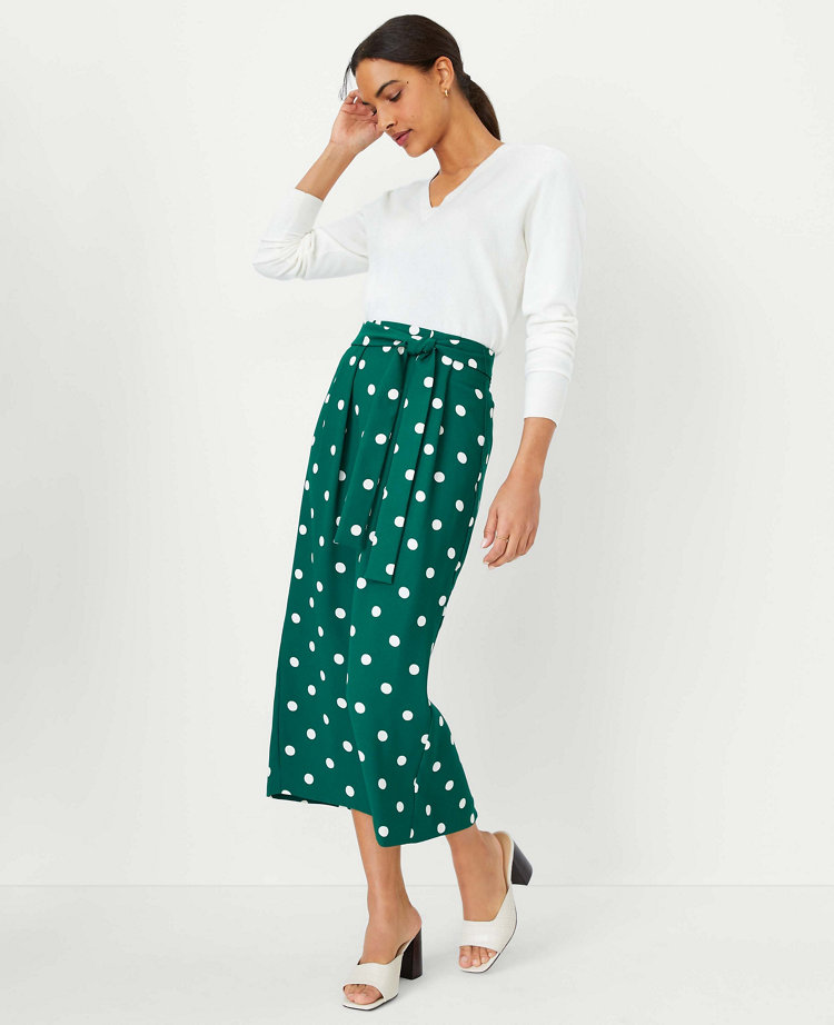 Dotted Tie Waist Pleated Midi Skirt