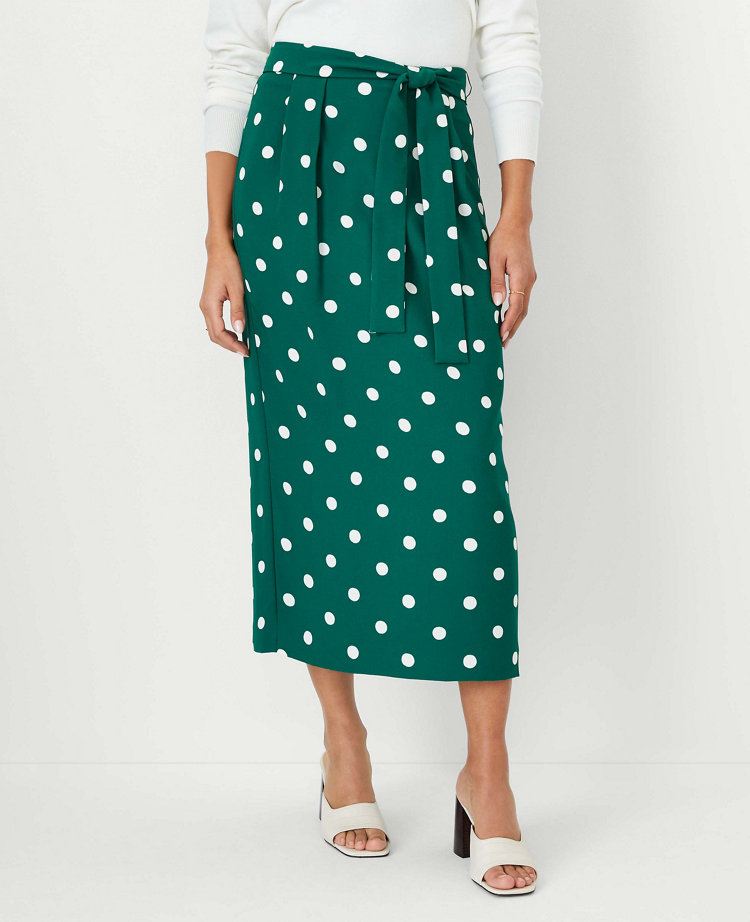 Dotted Tie Waist Pleated Midi Skirt