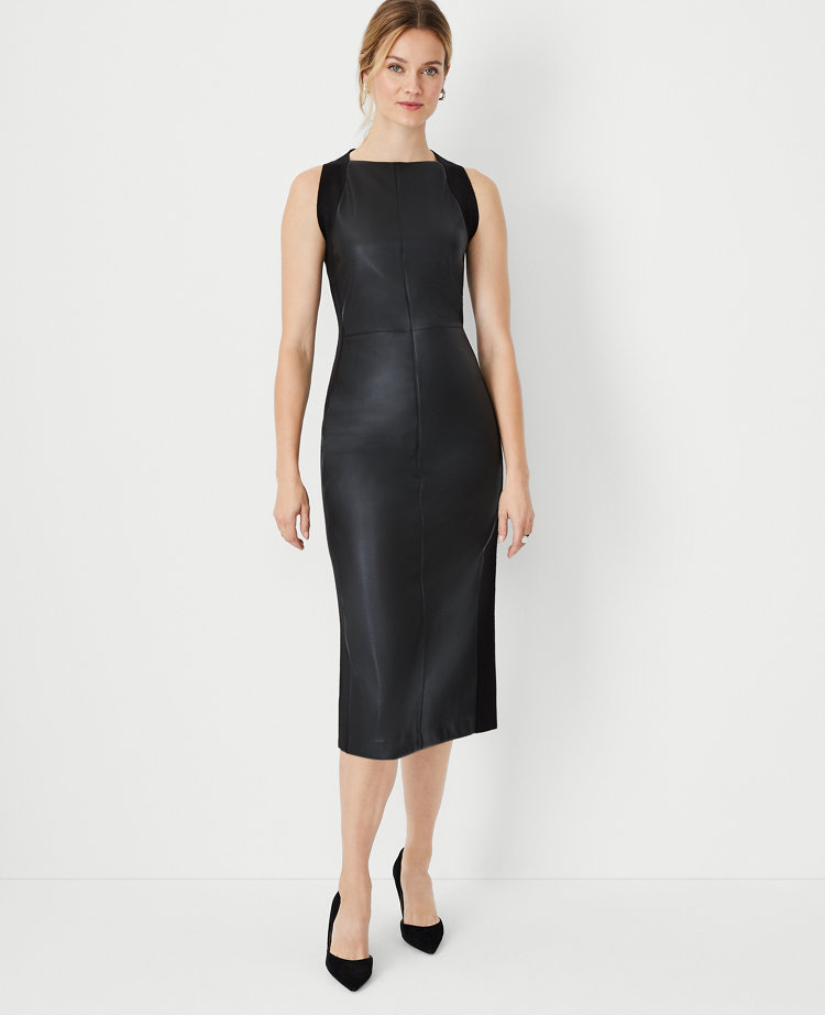 Petite Faux Leather Mixed Media Shift Dress